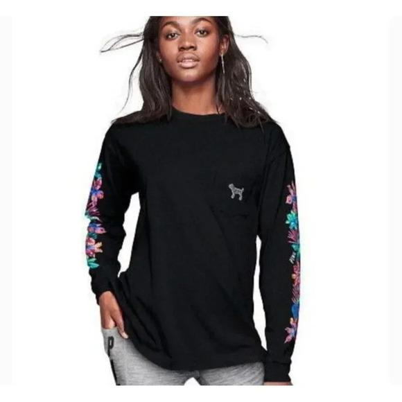 PINK Victoria Secret Womens Long Sleeve Pullover Floral Sweatshirt Black Sz XS/S - Picture 1 of 9